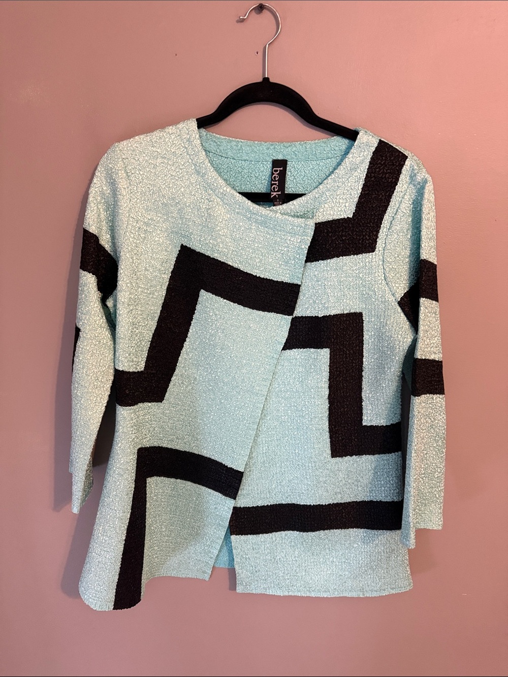 Berek Crepe Jacket, Turquoise/Black Abstract Pattern. Size small.